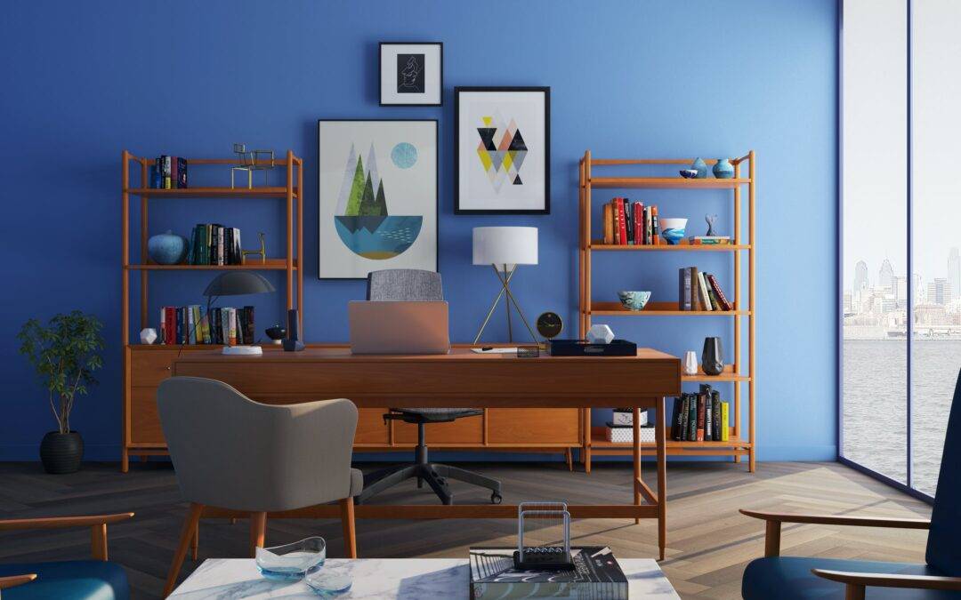 Blue home office with big window